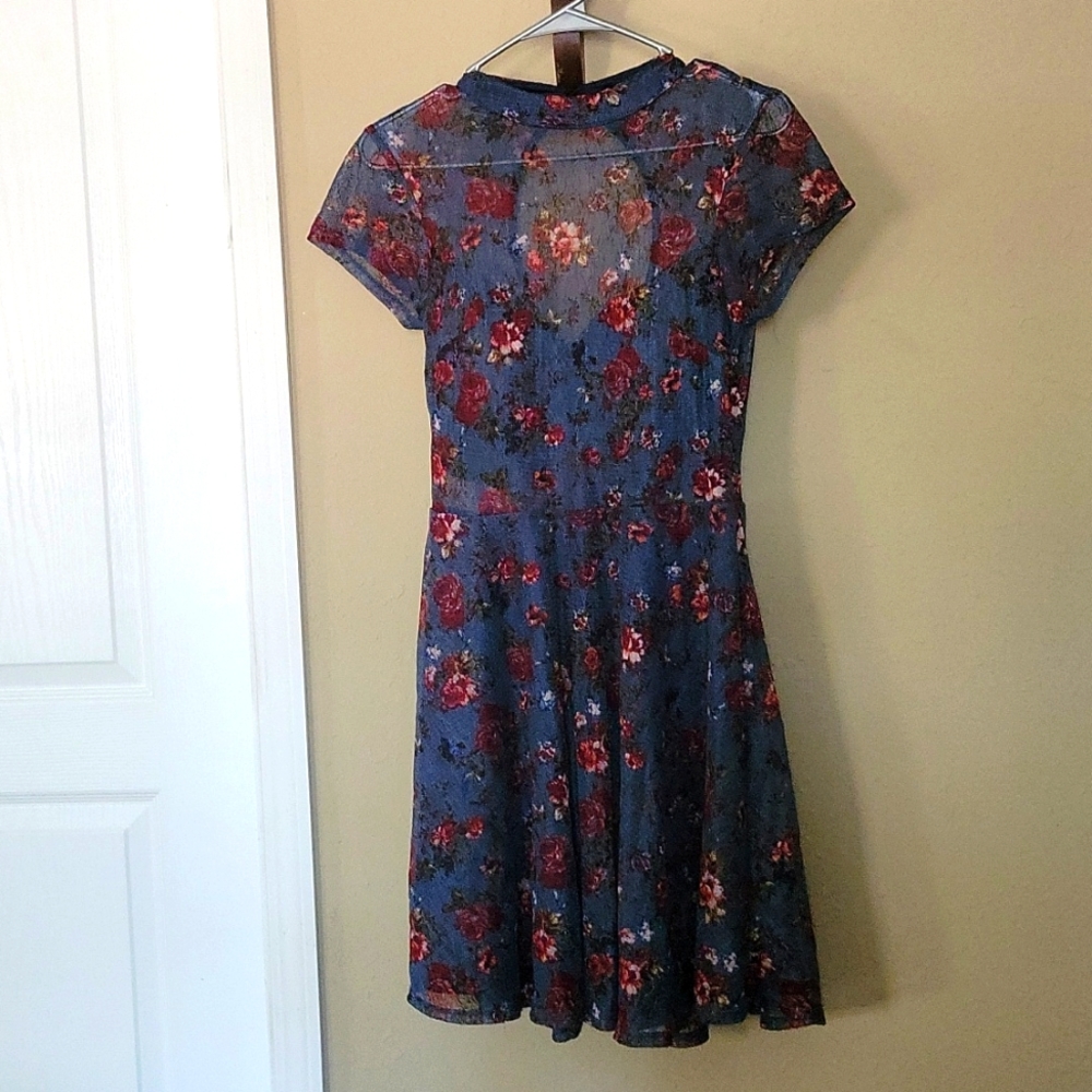 Dark Blue Sheer Floral Dress
